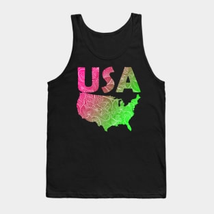 Colorful mandala art map of the United States of America with text in pink and green Tank Top